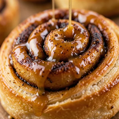 The top of a cinnamon roll, the spiral visible, glaze dripping into the coils, c