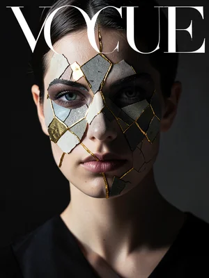 Mosaic face from broken pottery shards, kintsugi gold filling cracks between