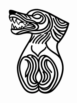 Wolf profile — jaw open, teeth in stacked U-forms, haunch ovoid at hip