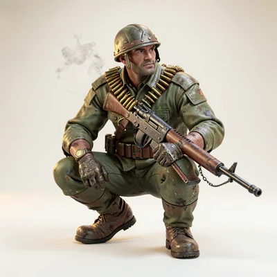 A heavy machine-gunner squats with belted ammunition draped across his shoulder,