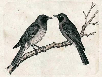 Two crows perched on a bare branch, facing opposite directions