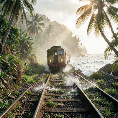 Tropical light on Sri Lankan colonial decay, Train passing feet from ocean on co