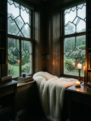 A window seat in an old manor house, pile of books, a cashmere blanket, rain str