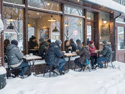 Cafe scene, customers noticing through windows, conversations pausing