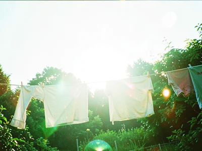 Drying laundry on a line in a backyard so green it hums with the sky behind it o