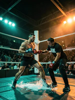 Boxer in corner between rounds, coach pressing ice to cut, arena lights creating