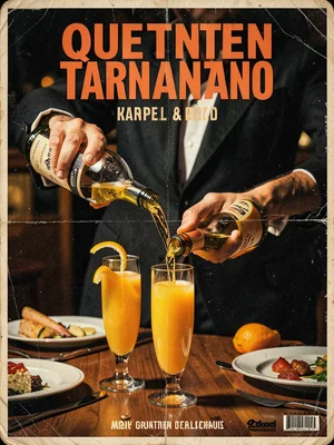 Person pouring champagne into orange juice for mimosa, brunch table setting