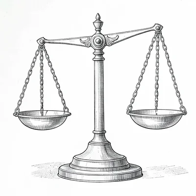 Patent-style line drawing of a balance scale with weights, museum-thin pen rulin