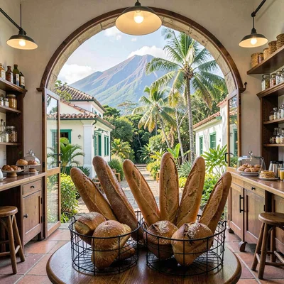 French Caribbean fusion in Guadeloupe, French boulangerie interior, baguettes in