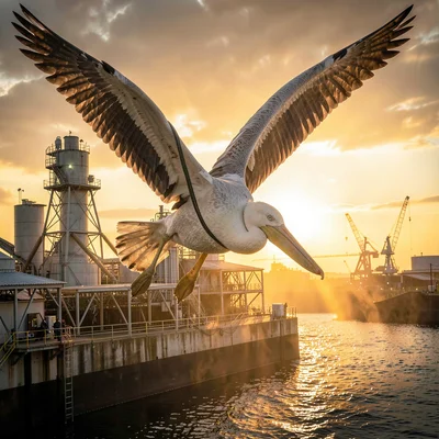 A soaring pelican against golden hour light over a fish processing plant