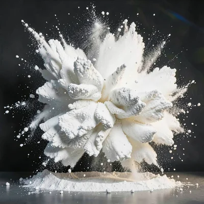 Flour explosion frozen mid-air showing complex turbulent patterns in white powde
