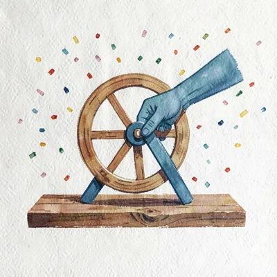 Gouache illustration of a hand silhouette turning a wheel on a wooden plank, pap