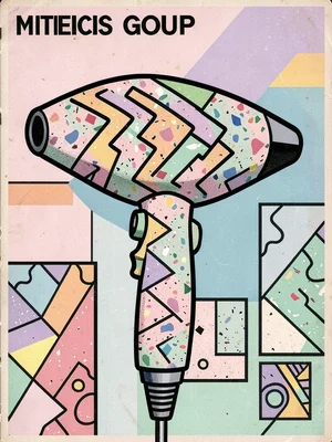 Hair dryer with postmodern form, triangular handle, terrazzo body, zigzag vent p
