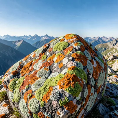 Crystal clear high-altitude light, sharp mountain air quality, Lichen covering a
