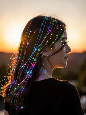 Woman's hair backlit by setting sun, every strand a fiber optic carrying light