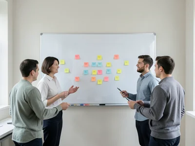 Small team having a standup meeting around a glass whiteboard with colorful stic