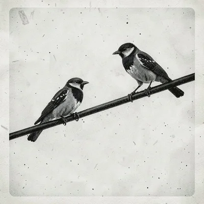 Risograph-style illustration, birds sitting on power line , spot color layer sim