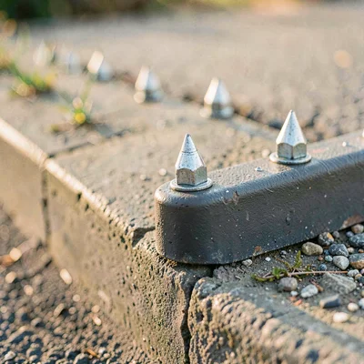 Close-up of a curb edge restraint anchored with steel spikes, hardware fresh and