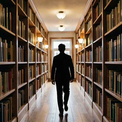 Editorial line illustration of an author silhouette walking a bookshelf-lined ha