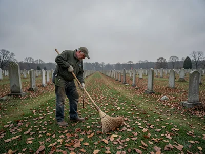 A groundskeeper raking leaves in a cemetery under flat grey sky, their work medi