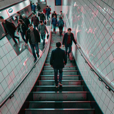 Anaglyphic stereo 3D photograph, Person descending subway stairs, commuters at m
