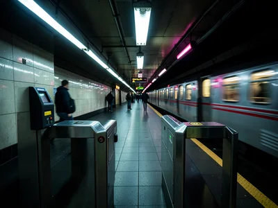 A subway turnstile area: the metallic arms, MetroCard reader, the passage betwee