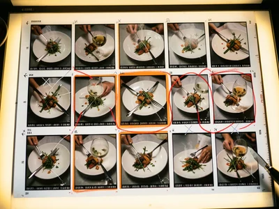 A contact sheet from a food photographer's studio session, 6x7 medium format col