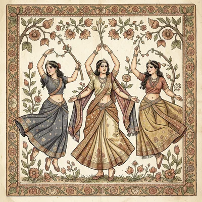 Kalamkari pen illustration, dancers in classical poses with flowing garments , h