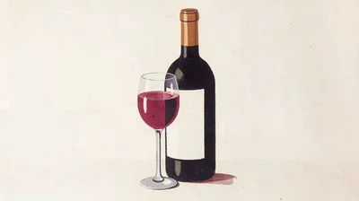 Gouache illustration, wine bottle and glass , opaque matte pigment, flat color a
