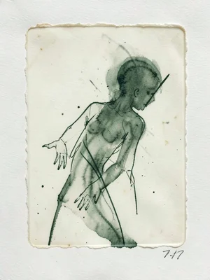 Monoprint with drawn lines in wet ink using pointed stick, loose figure drawing 