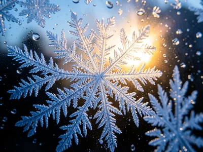 Frost pattern dissolving on window pane, spring sun warming from behind