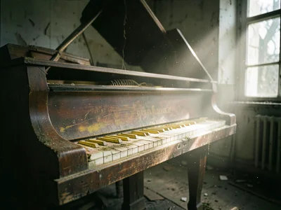 Piano in an abandoned mansion, keys yellowed, dust motes in shaft of light