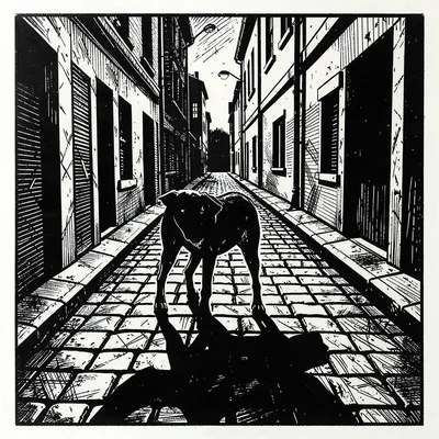 Dog alone on an empty street, angular shadow stretching across cobblestones