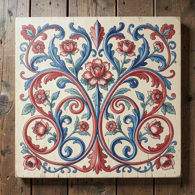 Scandinavian rosemaling illustration, flowering scrolls emerging from a central 