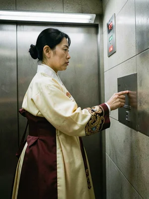 Cream and burgundy hanbok in elevator, pressing floor button with ornate sleeve 