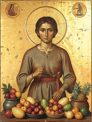 Market vendor surrounded by piled fruit, frontal symmetrical composition