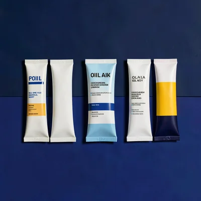Catalog shot of a row of oil paint tubes on a deep navy color-block, crisp wrapa