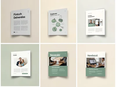 Sweeping 4×2 grid montage of fintech content deliverables — paper-fold blog head