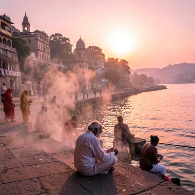 Varanasi ghat dawn, Ganges pink-gold light, elderly man meditating on steps, smo