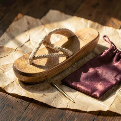 Warmstack tabletop of a wooden geta sandal, hairpin, and silk pouch on aged parc