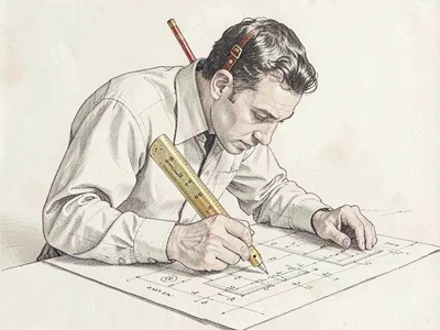 A patient draftsman bends over unseen plans, brass-rimmed protractor pinched, co