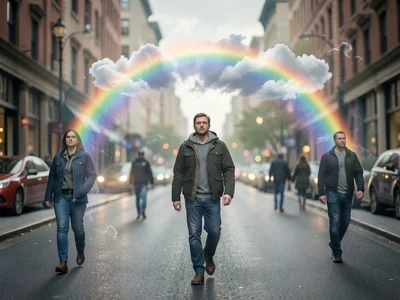 Person with a personal rainbow arc following them down a city street, others una