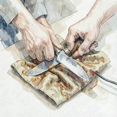 Documentary square of hands wrapping a knife in oiled cloth before storage