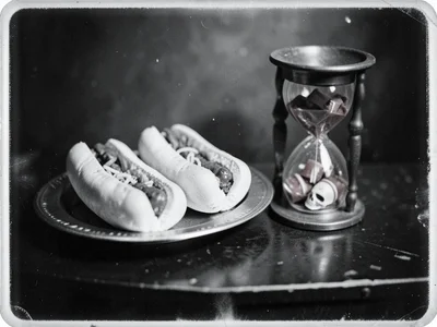 Three gas station hot dogs on a silver tray beside a skull-shaped candy dish and