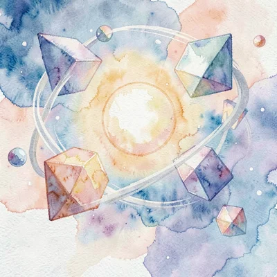 Painterly motion-design style frame of geometric shapes orbiting a soft warm sun