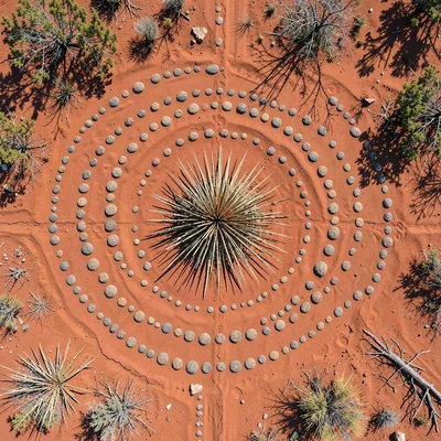 Single spinifex grass clump on red sand, aerial view — radial spike pattern from