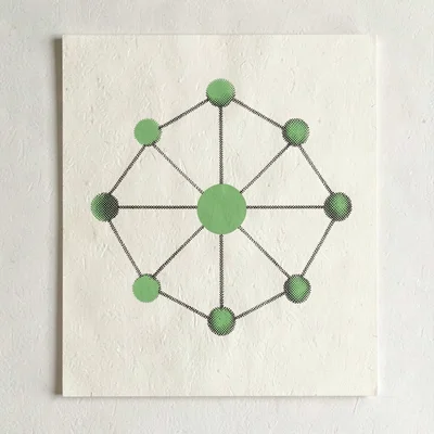 Riso flyer motif of a halftone connected-network graph with a single highlighted