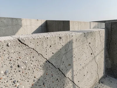 Brutalist concrete pool structure, geometric shadows, clear summer sky