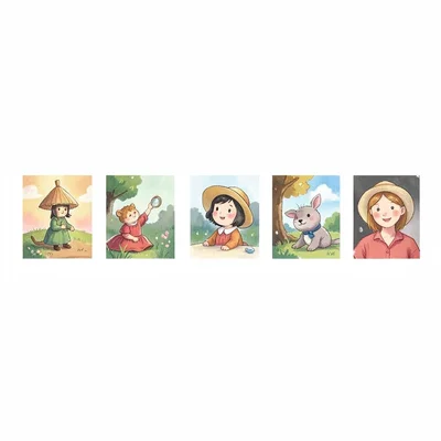 Grid layout table-of-contents header of seven small artwork thumbnails arranged 