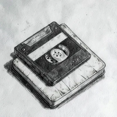 Charcoal study of a single VHS lying half out of its case on a worn ledger, sing